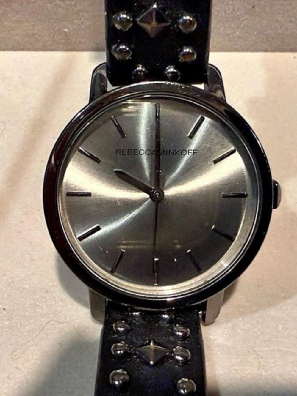 Rebecca Minkoff Studded Leather Strap Watch in Black & Silver